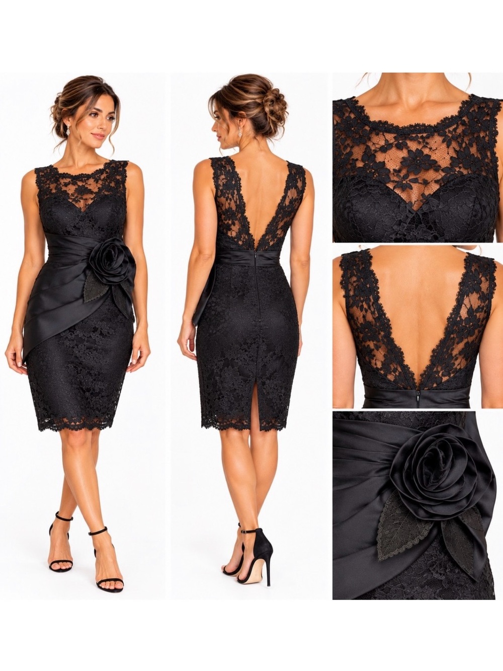Vintage Elegant Black Lace Sheath Cocktail Dress Built in Bra Satin Rosette
